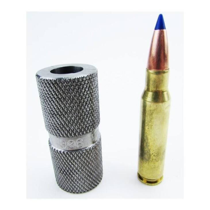 High-quality .30 caliber reloading tool and brass cartridge with blue-tipped projectile for precision shooting.