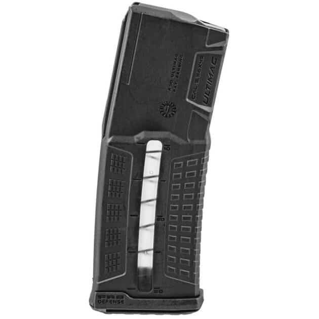 High-capacity black polymer firearm magazine with ergonomic design and clear round indicator.