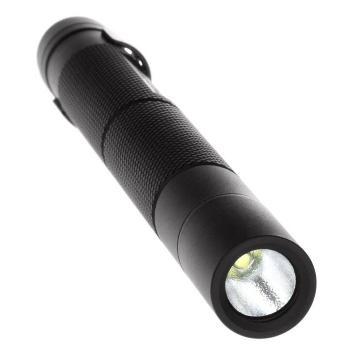 Durable LED flashlight with textured grip, bright light, and portable side clip for versatile use.