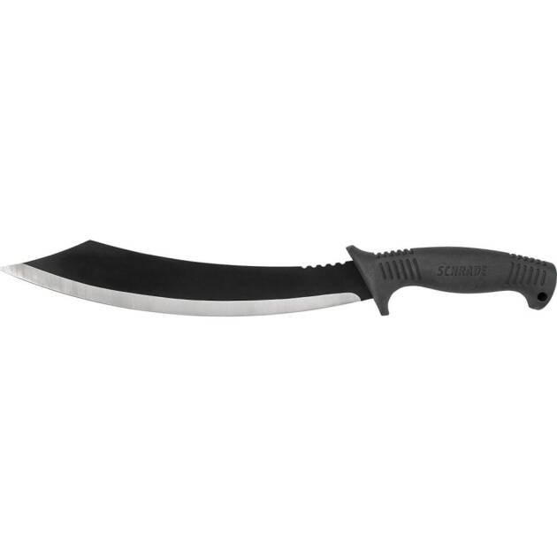Ergonomic curved machete with dual-finish blade for outdoor tasks and secure grip.