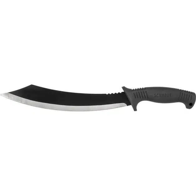 Ergonomic curved machete with dual-finish blade for outdoor tasks and secure grip.