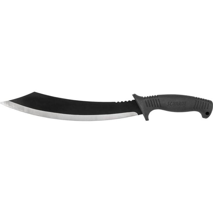 Ergonomic curved machete with dual-finish blade for outdoor tasks and secure grip.
