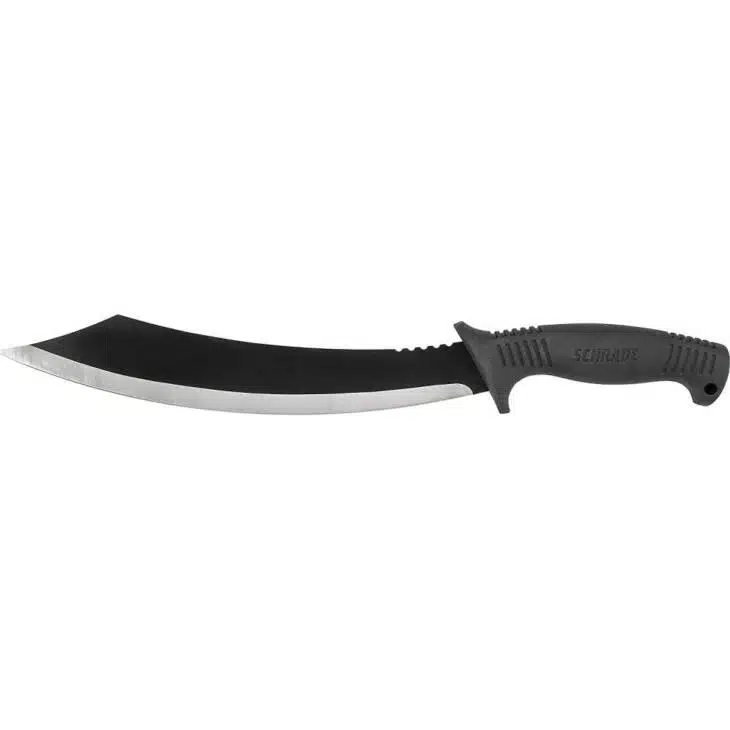 Ergonomic curved machete with dual-finish blade for outdoor tasks and secure grip.