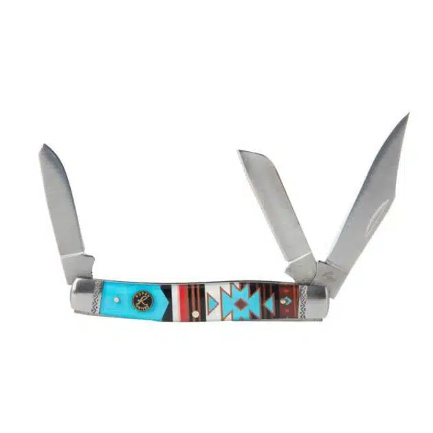 Vibrant Native American turquoise pocket knife with three blades and intricate geometric designs.