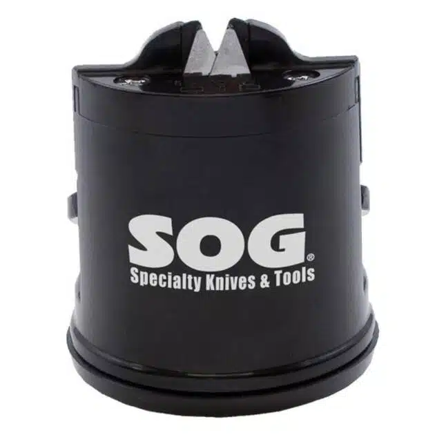 SOG compact knife sharpener for quick and efficient blade maintenance, perfect for outdoor and culinary use.