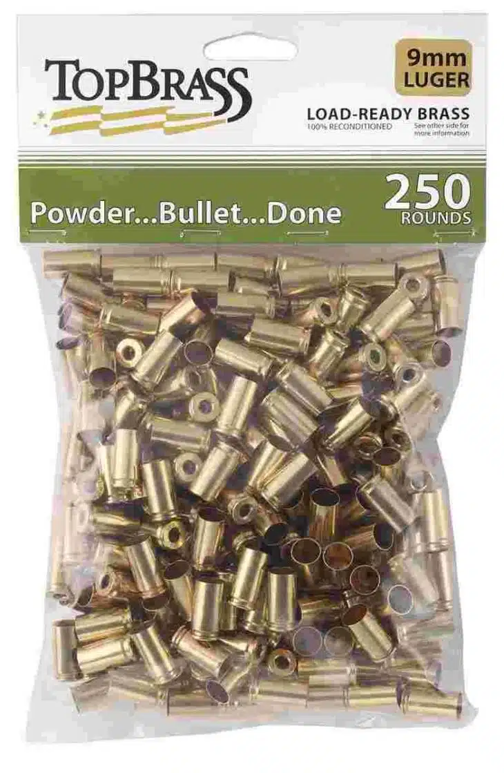 TopBrass 9mm Luger Load-Ready Brass: 250 polished casings for reliable and convenient reloading.