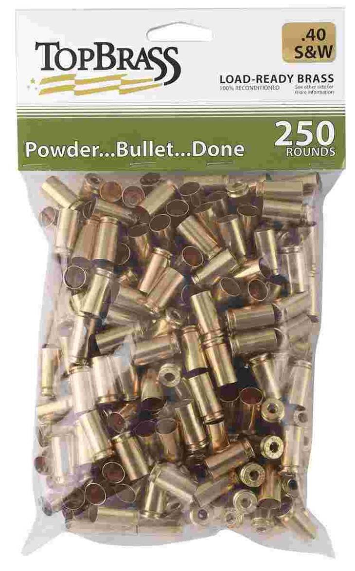 TopBrass .40 S&W brass casings, 250 count, prepped and ready for reloading ammunition.