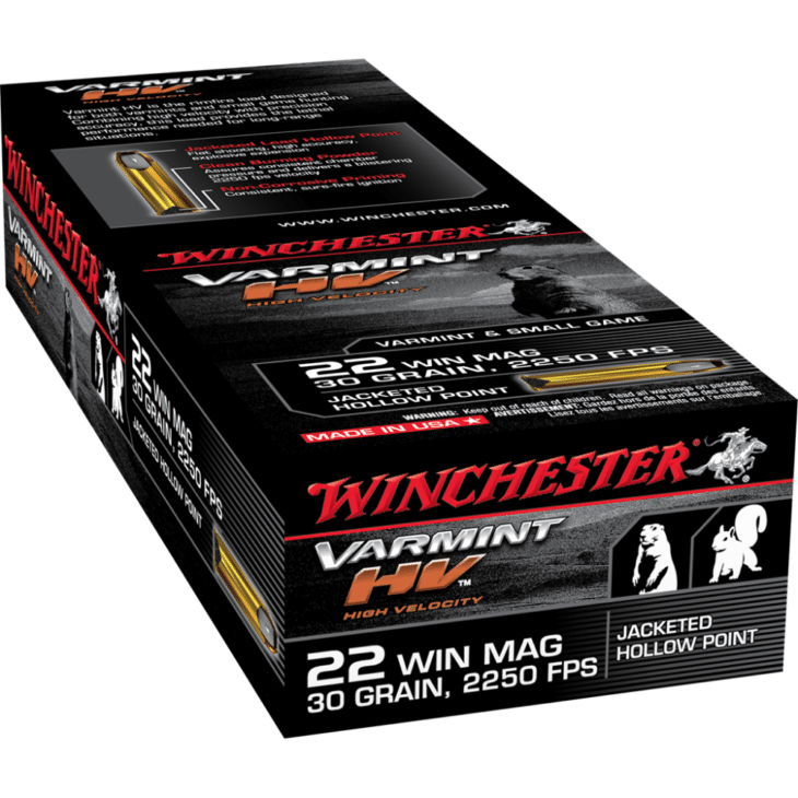Winchester Varmint HV 22 Win Mag 30 Grain Ammo for reliable, high-speed small game hunting.