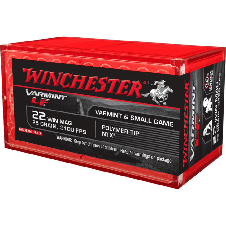 Winchester .22 Win Mag ammunition, 25 grains, perfect for varmint and small game hunting.