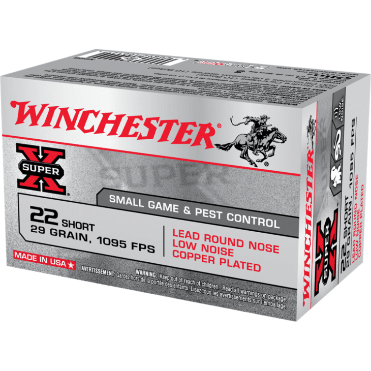 Winchester Super X .22 Short ammo, 29 grains, ideal for discreet small game hunting.