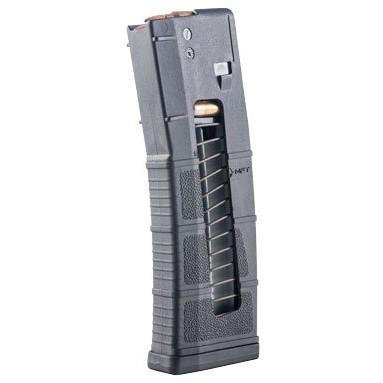 High-capacity polymer magazine for semi-automatic pistols with textured grip and ammo window.