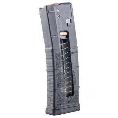 High-capacity polymer magazine for semi-automatic pistols with textured grip and ammo window.