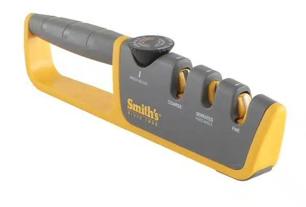 Smiths three-stage ergonomic knife sharpener for efficient, safe knife maintenance at home or outdoors.