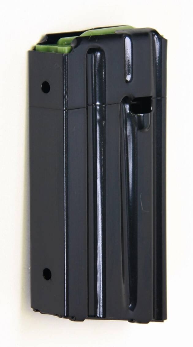 Durable black firearm magazine with green follower, optimized for sport shooting and tactical use.