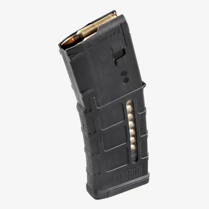 Durable black polymer 5.56 magazine with witness holes for easy ammo count and reliable feeding.