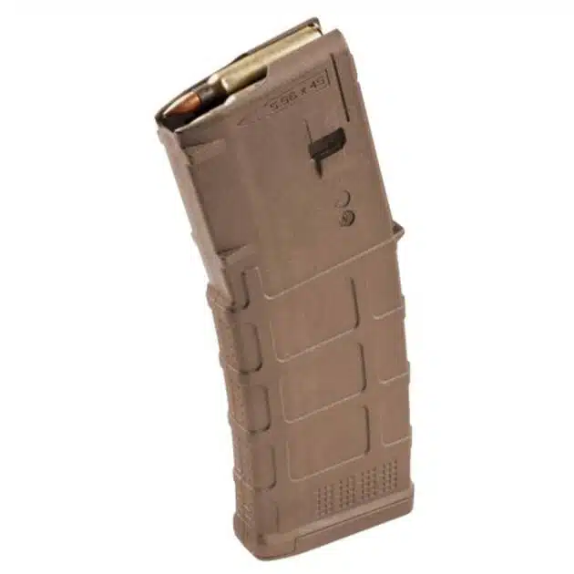 Durable tan polymer rifle magazine for reliable performance in arid environments.