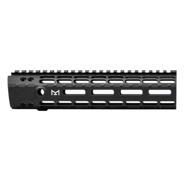 Lightweight tactical black rifle handguard with ventilation and customizable accessory rails for enhanced performance.