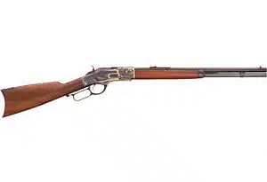 Elegant lever-action rifle with polished metal, stained wood, and ergonomic design for performance.