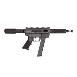 Compact submachine gun with suppressor, rail system, and ergonomic grip for tactical operations.