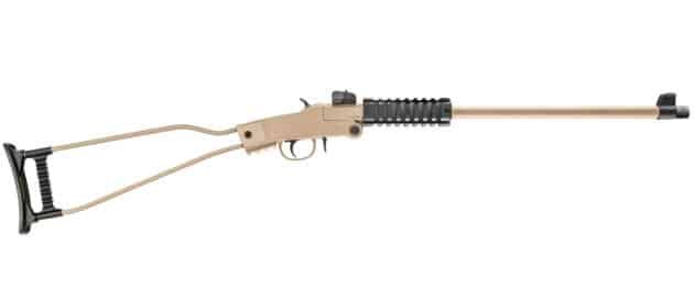 Tactical precision rifle with bipod, matte tan finish, and ergonomic design for accurate shooting.