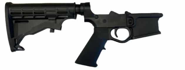 Adjustable AR-style rifle lower receiver with ergonomic grip for comfort and stability.