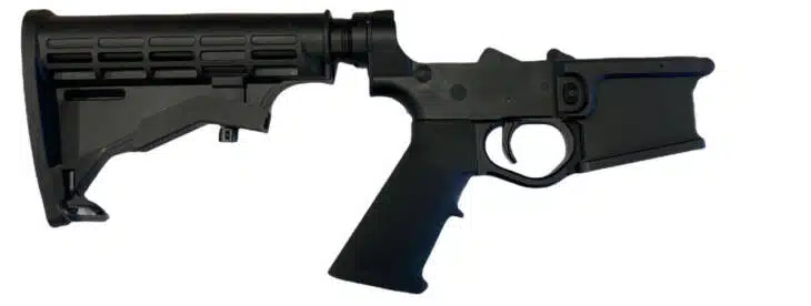 Adjustable AR-style rifle lower receiver with ergonomic grip for comfort and stability.