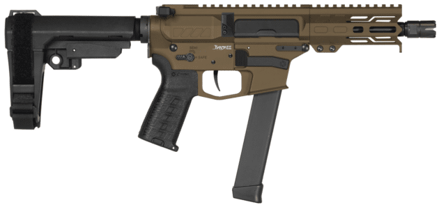 Compact tactical firearm with folding brace, earth-tone finish, and customizable accessory rail system.