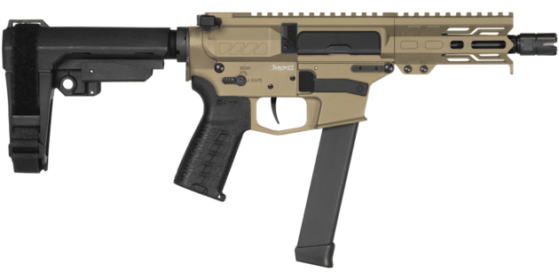 Versatile compact FDE firearm with adjustable stock and accessory-friendly Picatinny rails.
