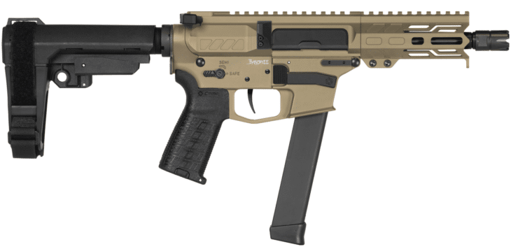 Versatile compact FDE firearm with adjustable stock and accessory-friendly Picatinny rails.