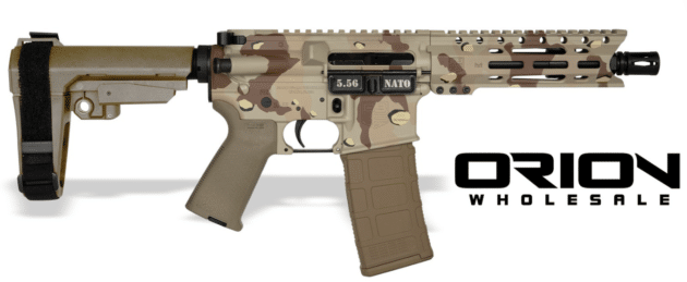 Modern AR-style rifle in tactical camouflage, perfect for outdoor shooting and tactical use.