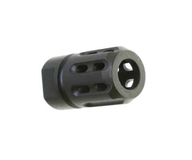 High-performance muzzle brake reduces recoil, enhances accuracy, and fits standard barrel threads.