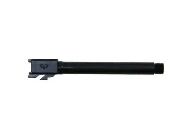 Compact, high-precision handgun barrel featuring polished metal finish and threading for suppressors.