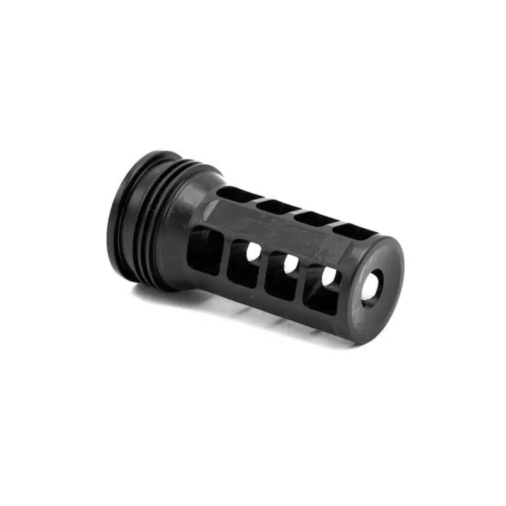 Muzzle brake compensator with vent holes for improved recoil control and stability during shooting.