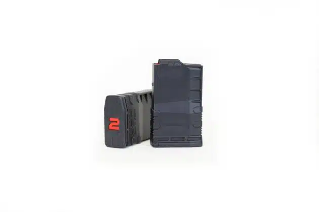 Black polymer firearm magazines - Model 2, lightweight, sleek design, quick reloads, and round count visibility.