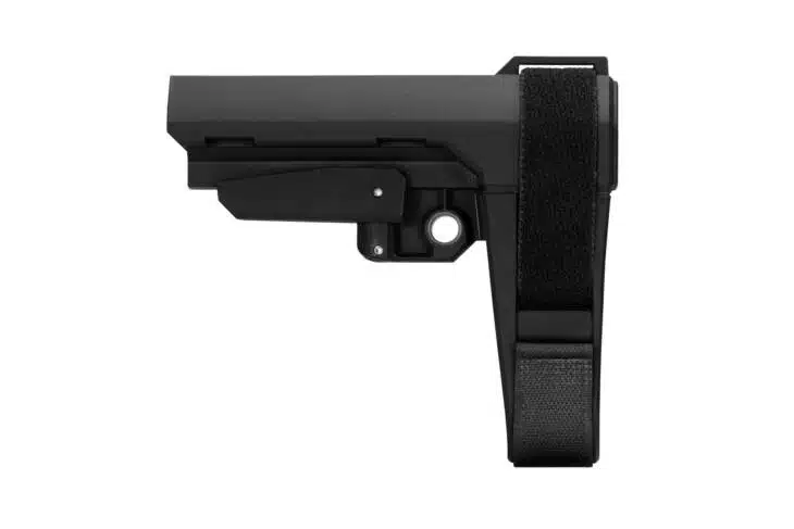 Adjustable black pistol brace for improved stability, accuracy, and compliance on AR pistols.