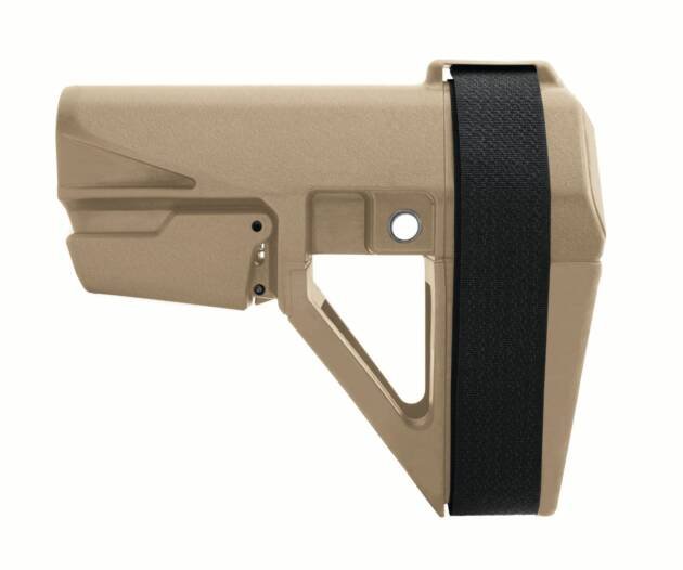 Tactical desert tan firearm stock with ergonomic design, adjustable strap, and accessory compatibility.