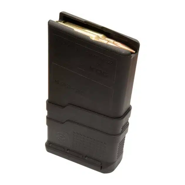 Durable black polymer magazine with 20-round capacity for reliable semi-automatic firearm performance.